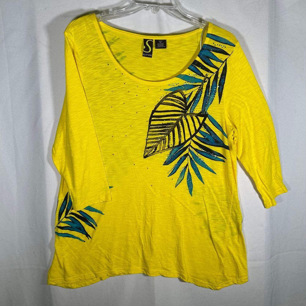 Sportelle Yellow Tropical Leaf Print 3/4 Sleeve Top Rhinestone Accents Womens XL